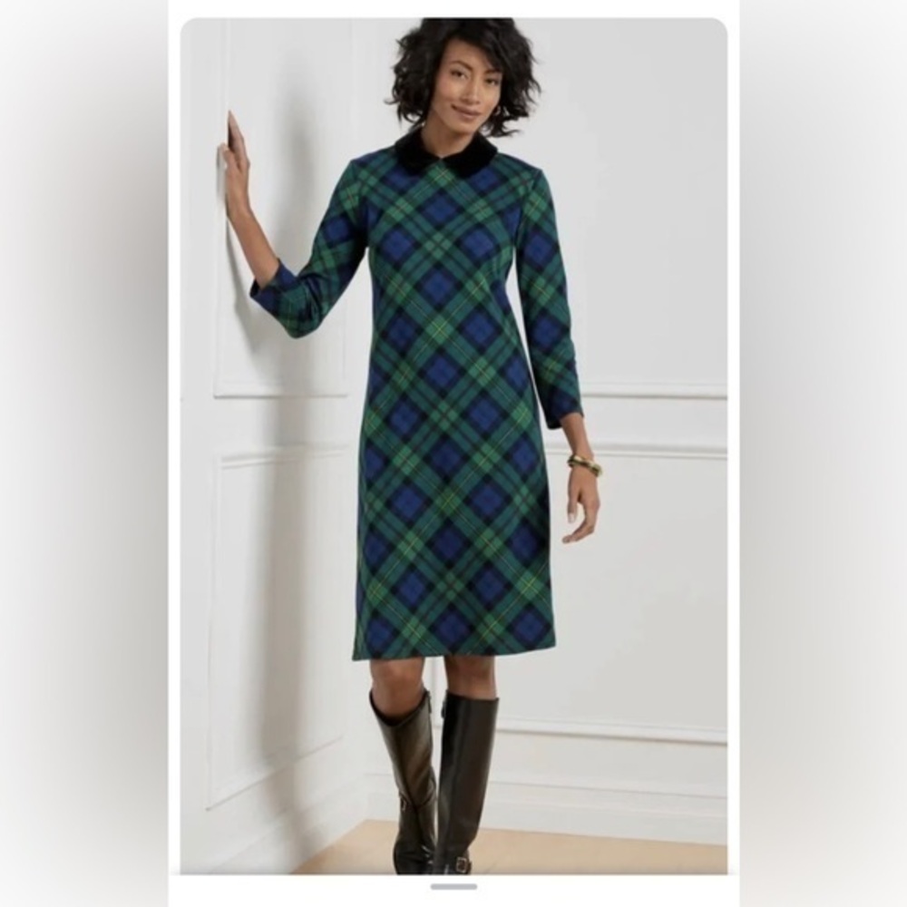 Talbots Plus Cotton Green-Blue Plaid Velvet Collar Shift Dress size large‎